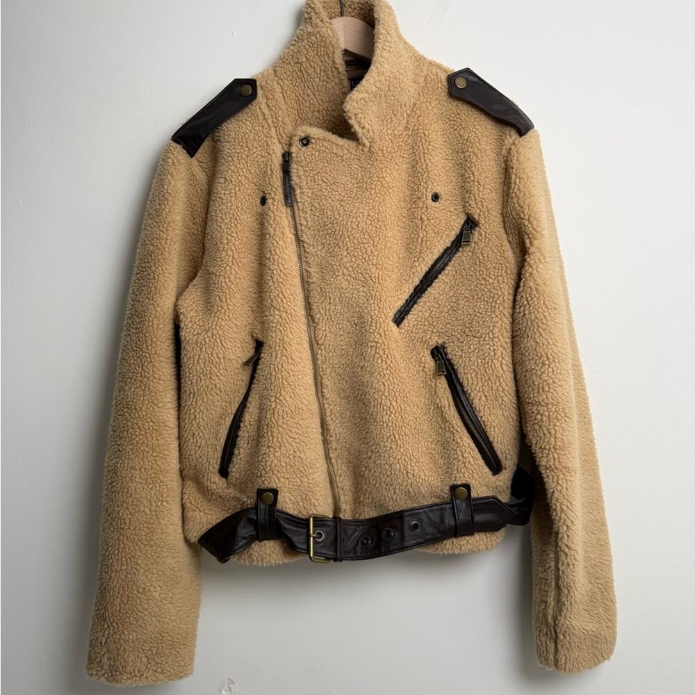 Polo Ralph Lauren Tan Sherpa moto belted Jacket cropped brown leather - Picture 4 of 10